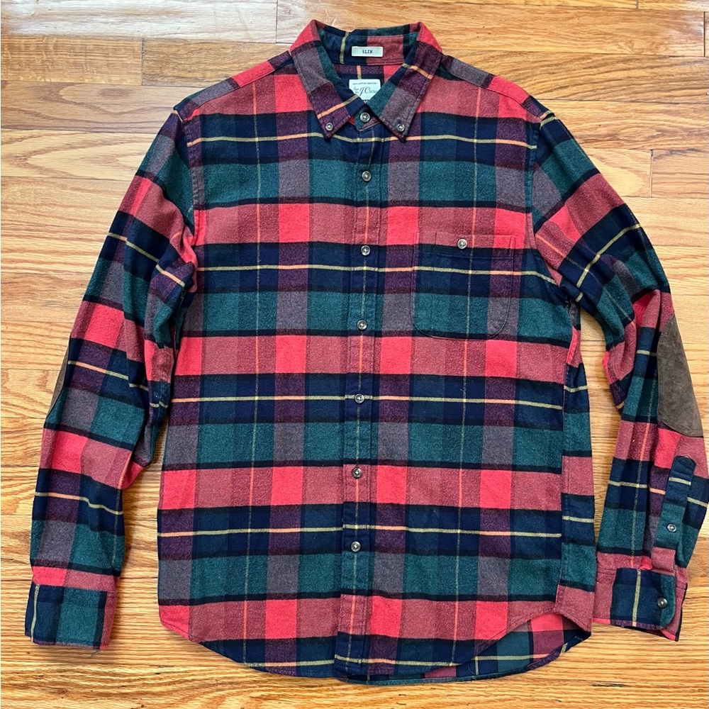 J Crew Slim Fit Plaid Flannel Elbow Patch Button Down Shirt